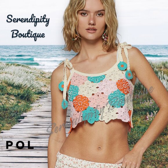 POL Granny Crochet Patch Tie Shoulder Pastels & Pearls Soft Floral Crop Top - Picture 3 of 8